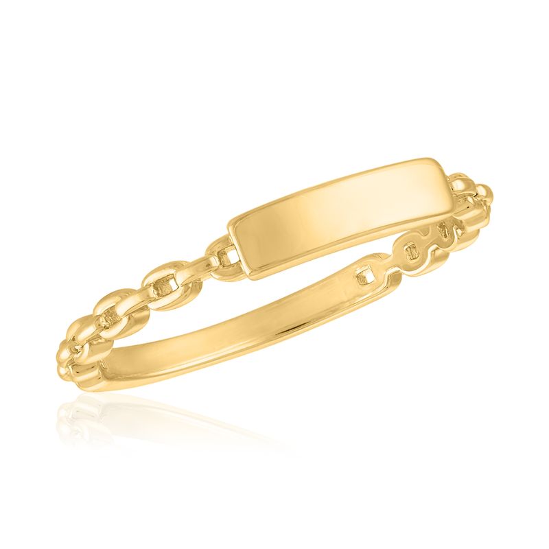 Figaro Chain Gold Layers Ring featuring a polished rectangular bar and a textured chain band.