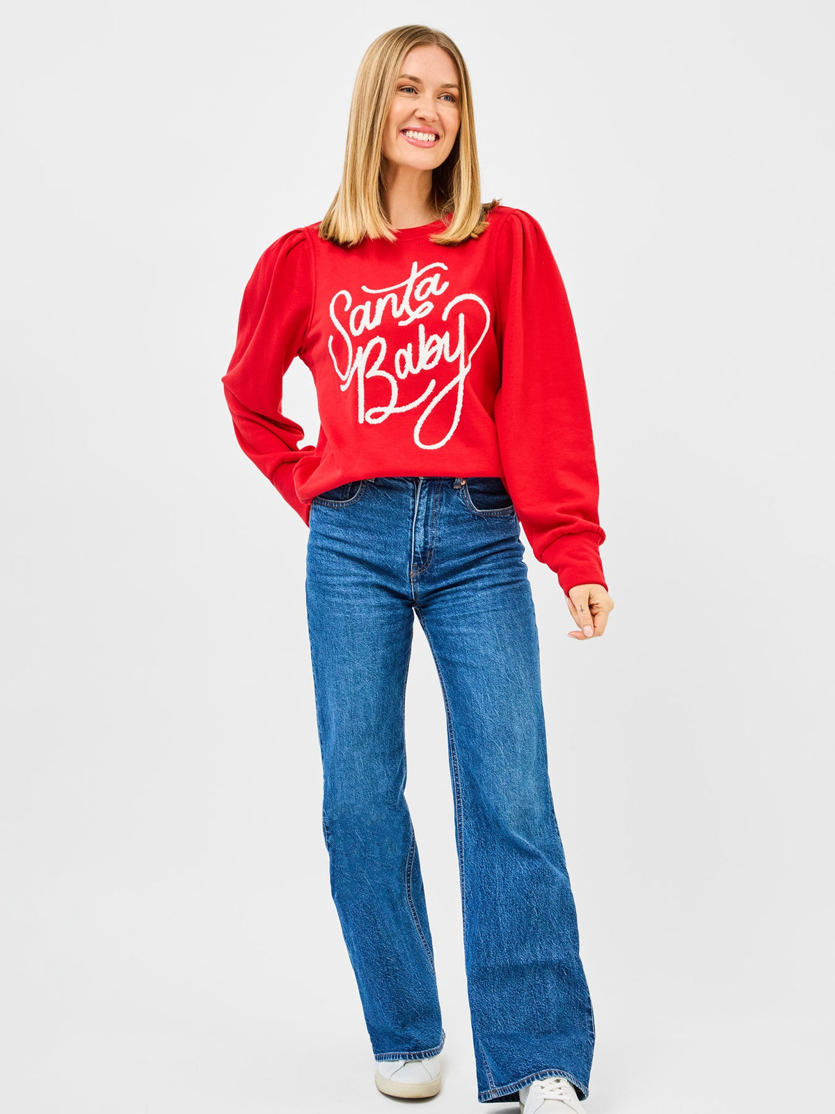 Relaxed fit Kelly sweatshirt in Merry boucle fabric with glitter applique and pintuck shoulder detailing.