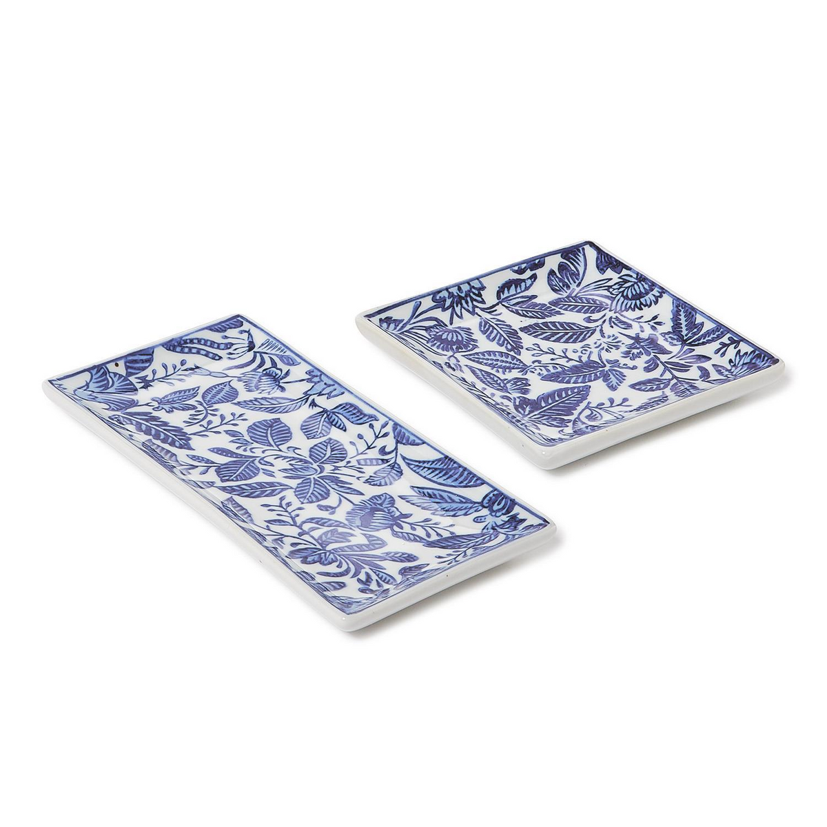 Square and rectangular ceramic trays with hand-painted blue and white chinoiserie floral patterns.