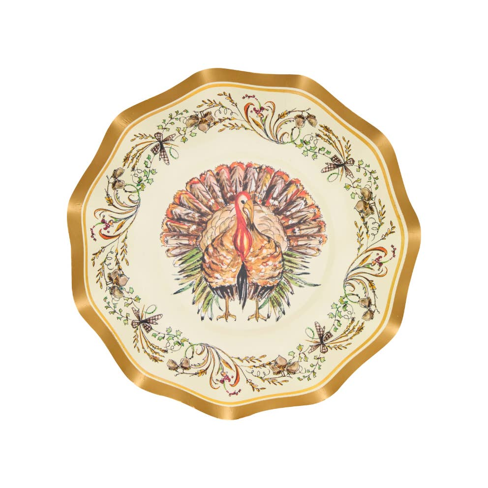 Scalloped paper bowl with a gold rim featuring a central turkey illustration and floral border.