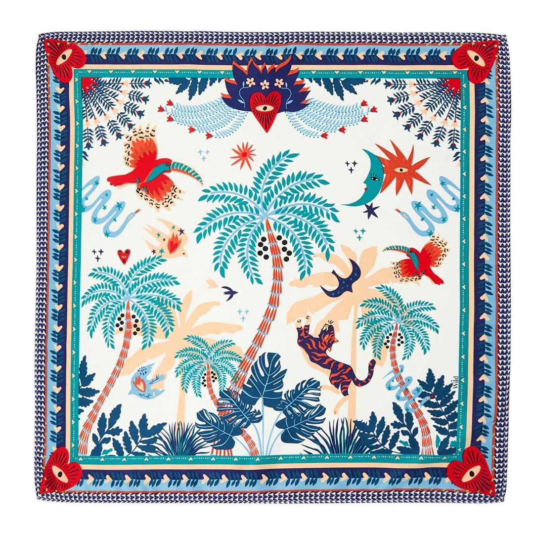 Mini square scarf with a tropical illustration featuring a tiger, palm trees, birds, and sun.