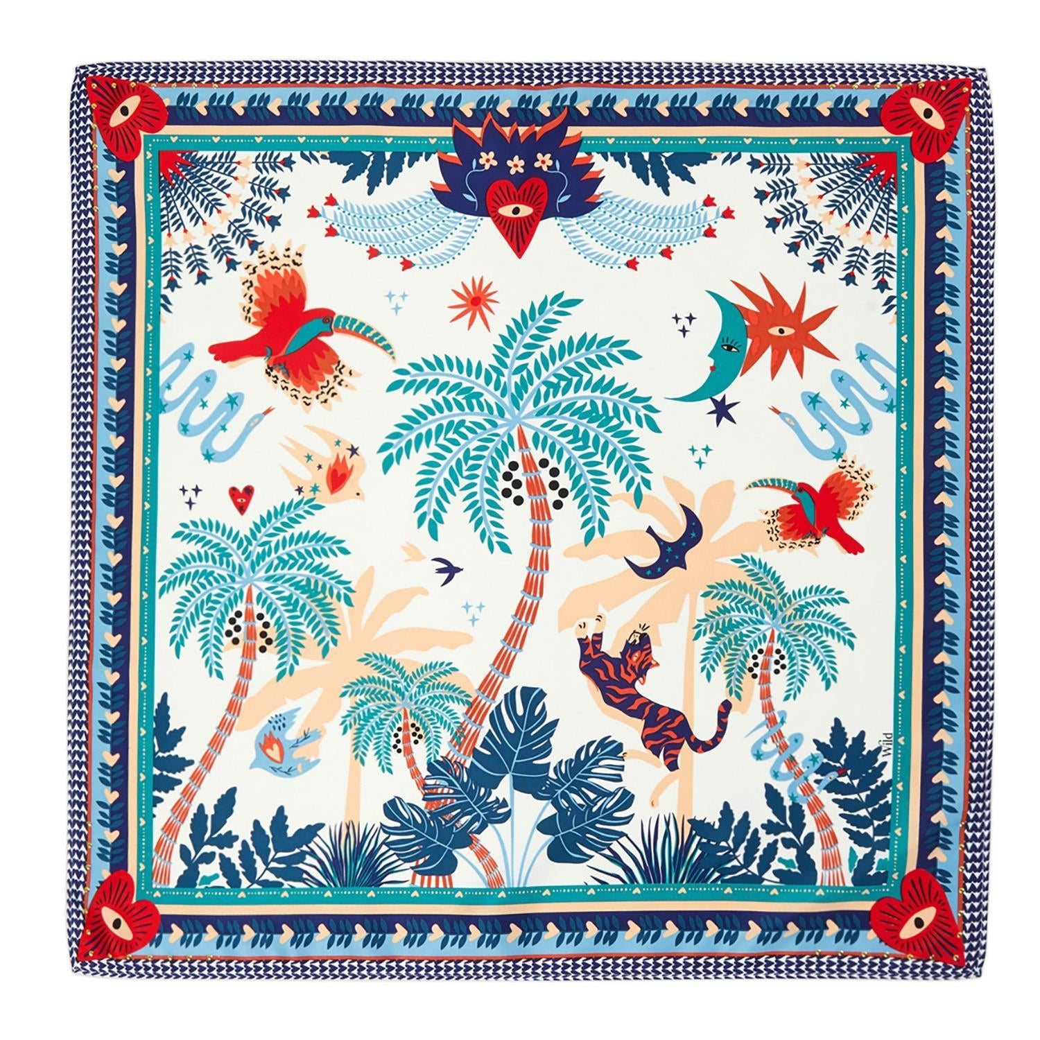 Mini square scarf with a tropical illustration featuring a tiger, palm trees, birds, and sun.