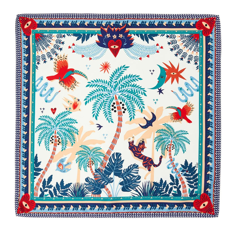 Mini square scarf with a tropical illustration featuring a tiger, palm trees, birds, and sun.