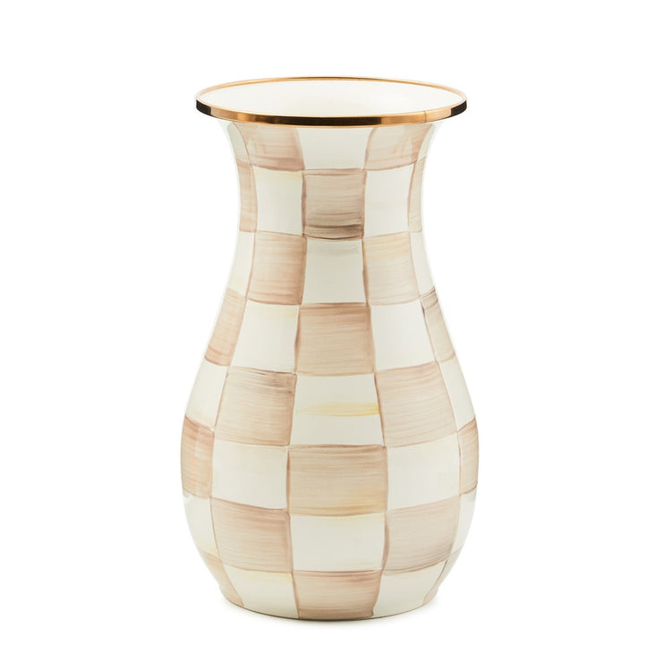 Mocha Check Tall Vase, hand-painted checkered pattern on steel with a bronzed rim.