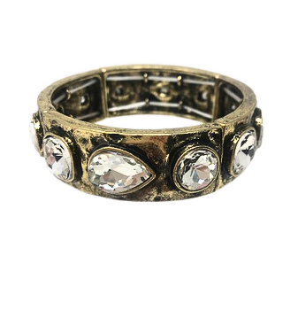 Antique gold stretch bracelet featuring large clear teardrop and round faceted crystals.