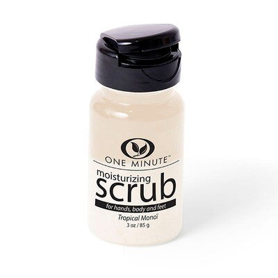 3oz Moisturizing Salt Scrub in a clear jar with white salt crystals and oil.