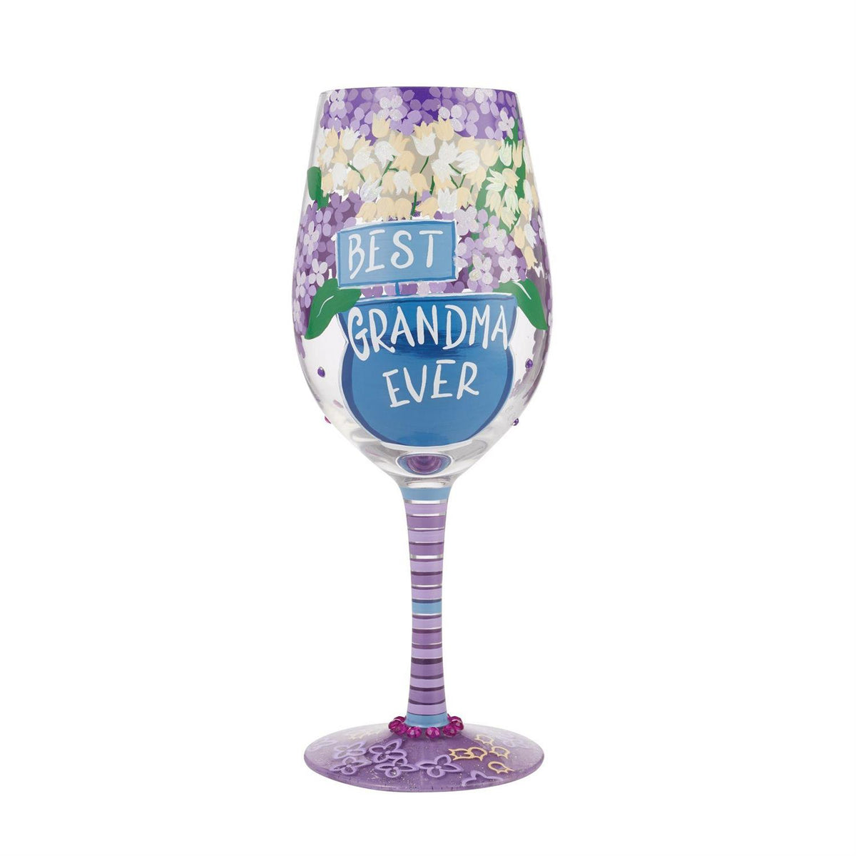 Blown glass wine glass with hand-painted festive designs, glitter accents, and a cocktail recipe printed on the base.