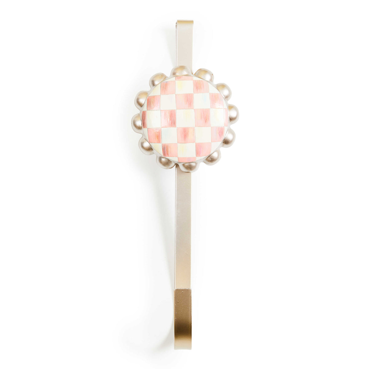 Rosy Check Wreath Hanger with a pink and white checkered resin medallion on a gold metal hook.