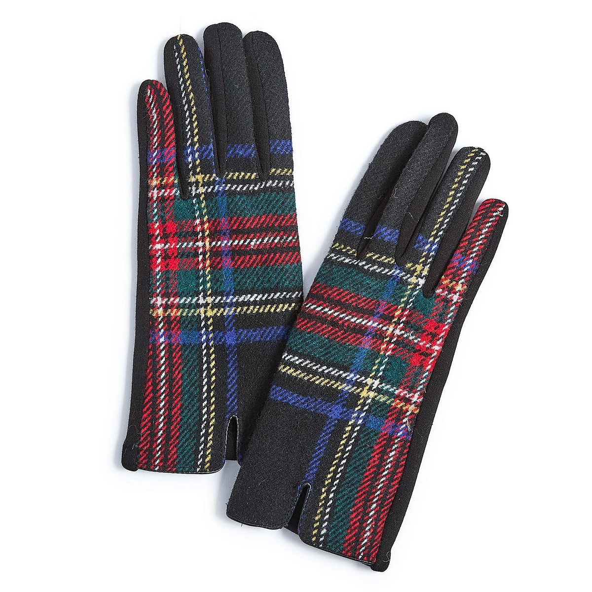 Pair of black gloves featuring a colorful tartan pattern on the back and microsuede palms.