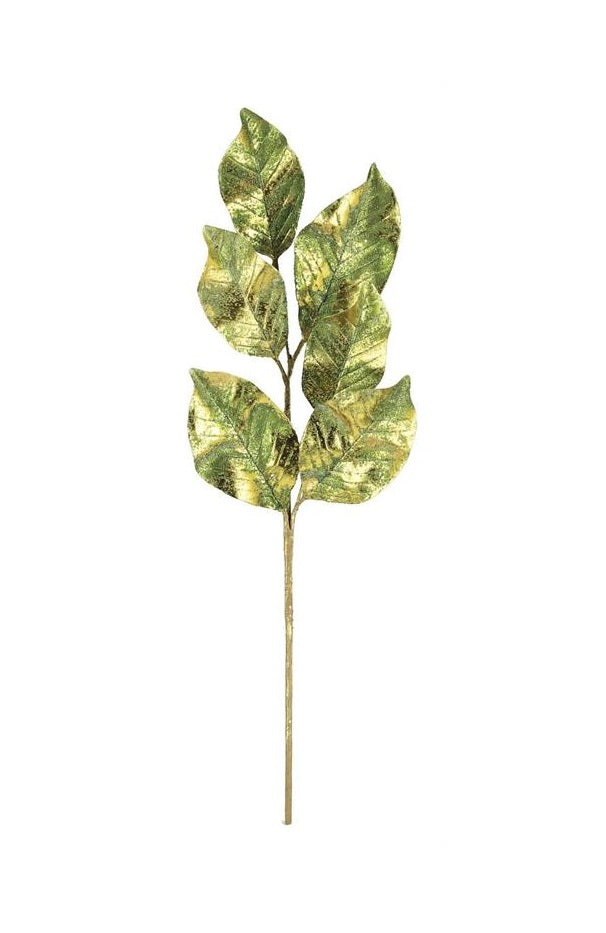 25.5-inch metallic green and gold magnolia leaf spray with six textured leaves on a single stem.