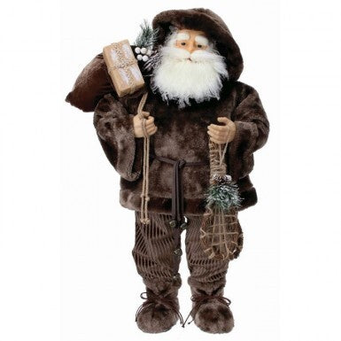 36-inch Santa figurine in a brown fur lodge outfit carrying a gift bag and wearing snow shoes.