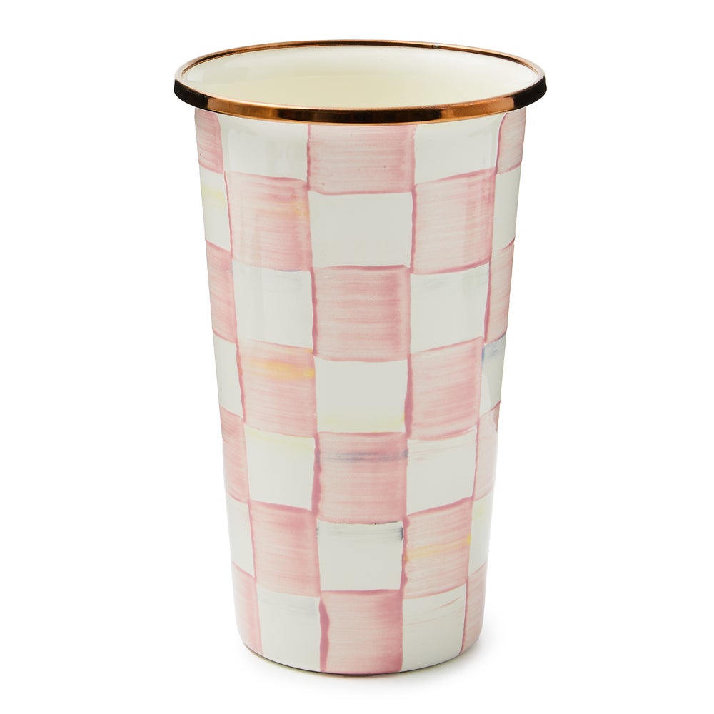 Rosy Check 20 Ounce Tumbler with hand-painted pink and white checks and a bronzed stainless steel rim