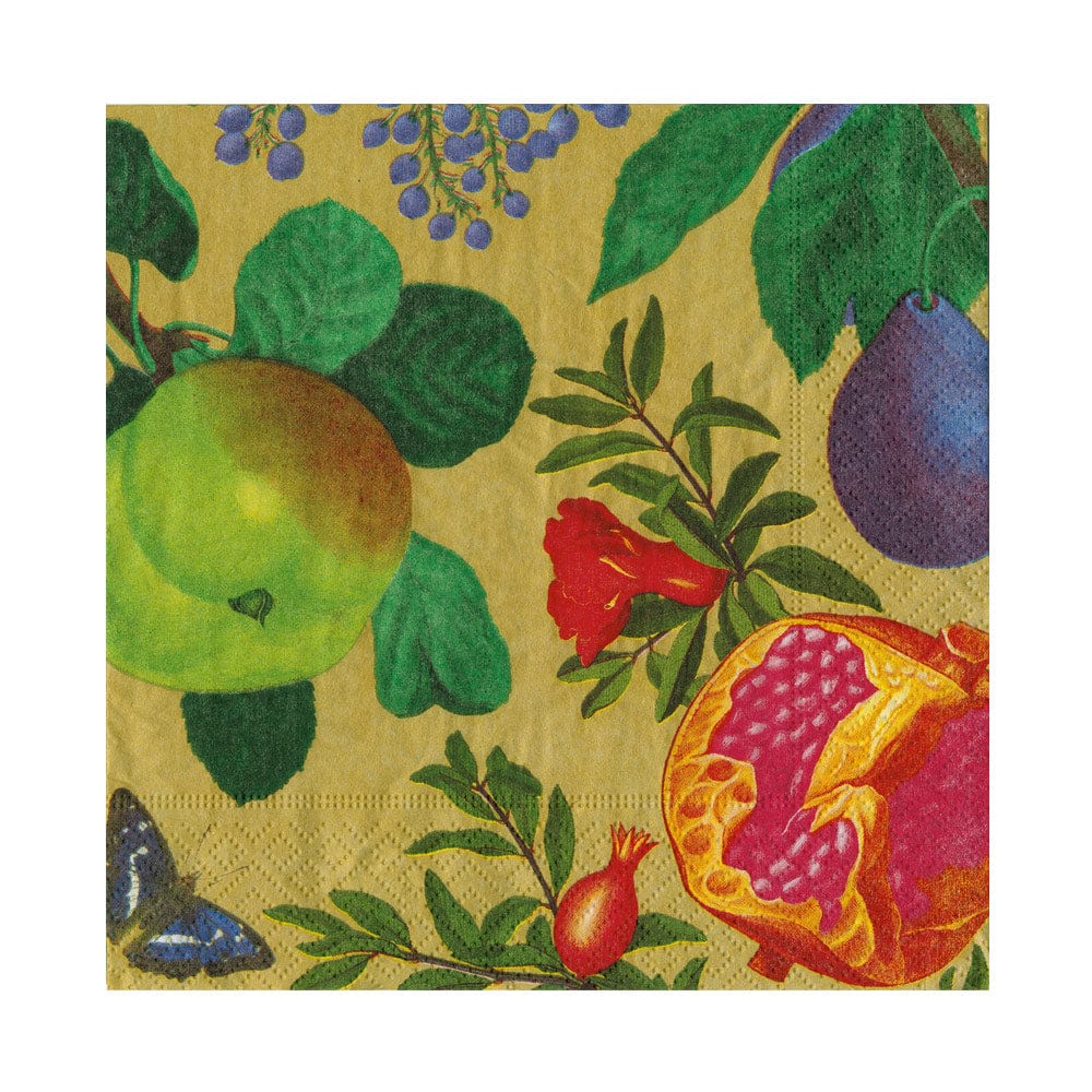 Royal Orchard Gold luncheon napkins featuring a botanical print of apples, pomegranates, and plums.