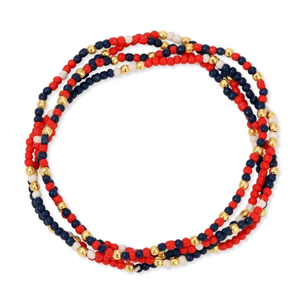 Stretch bracelet with gold-plated brass base featuring two-millimeter seed beads in a uniform pattern.