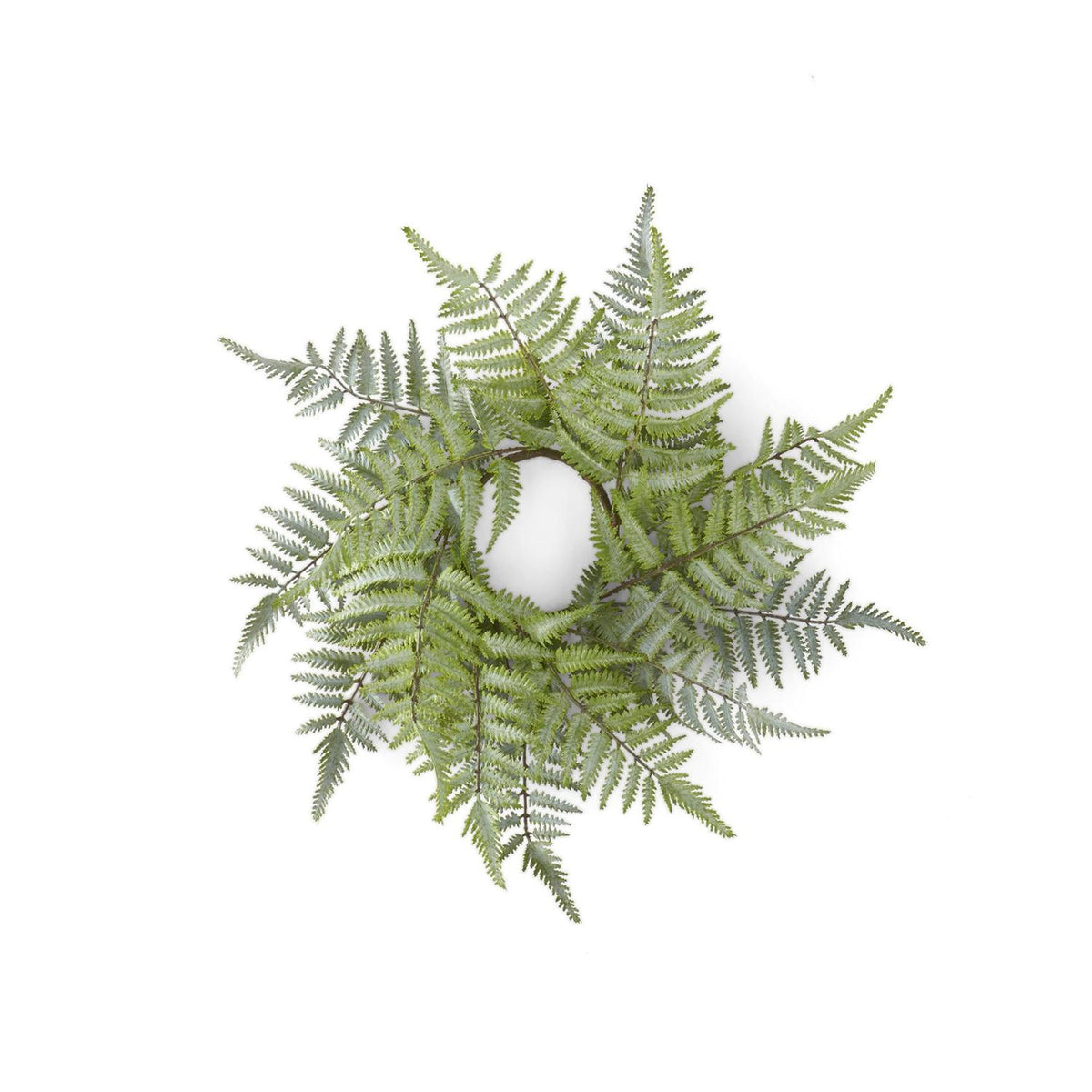 Iron candle ring wreath with a realistic ostrich fern leaf pattern in natural green tones.