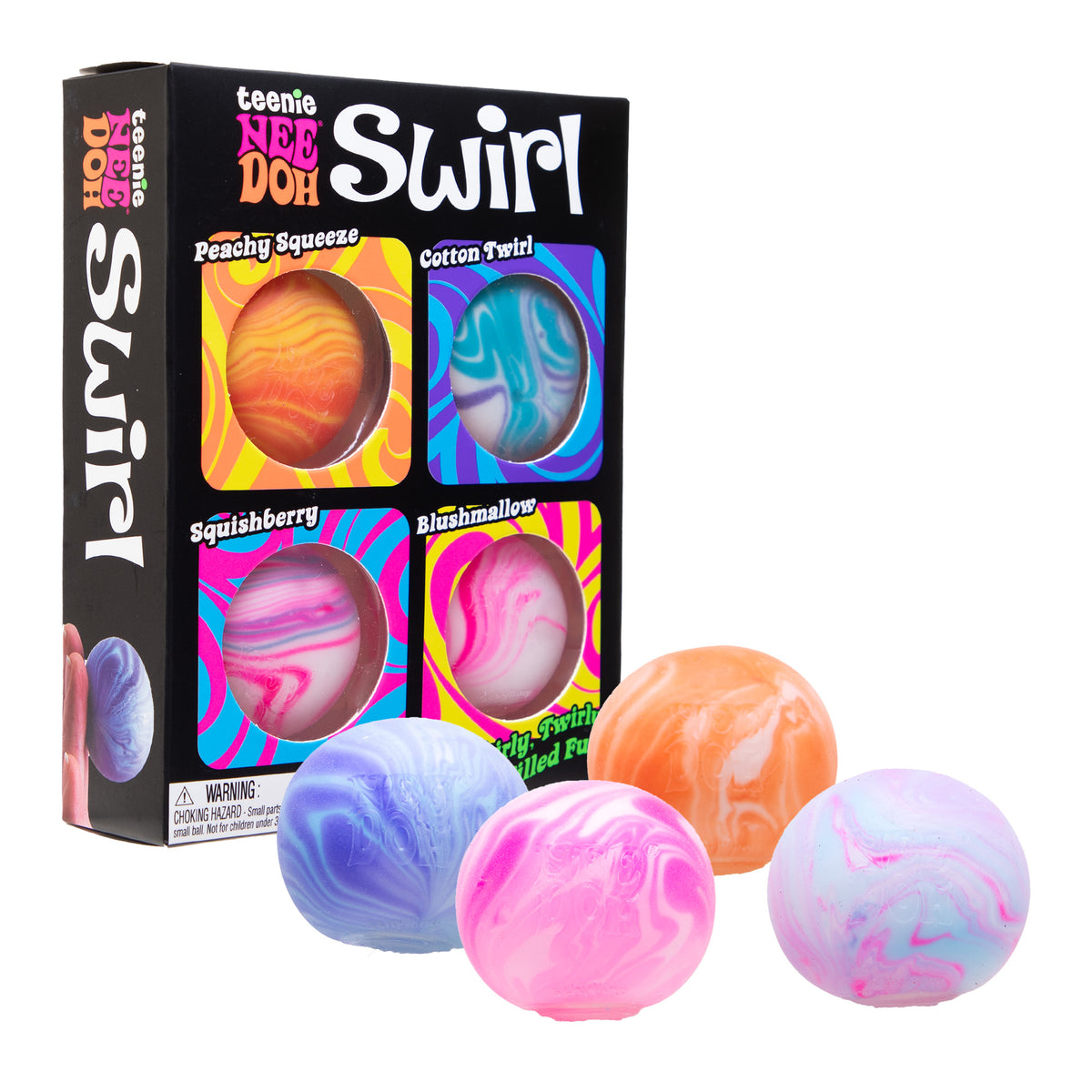 Teenie NeeDoh Swirl Multi Pack with four colorful, marble-patterned squishy sensory balls.