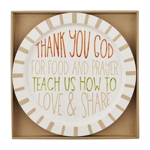 Ceramic platter with 'Thank You God' text in gold script on a white background.