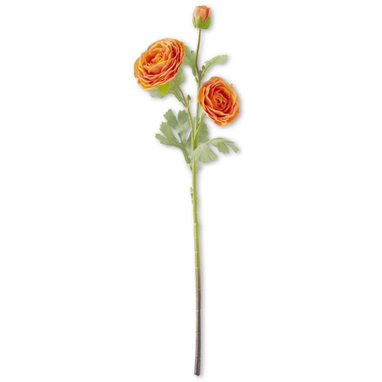 A single artificial ranunculus stem with two open orange blooms and one bud, featuring green leaves.