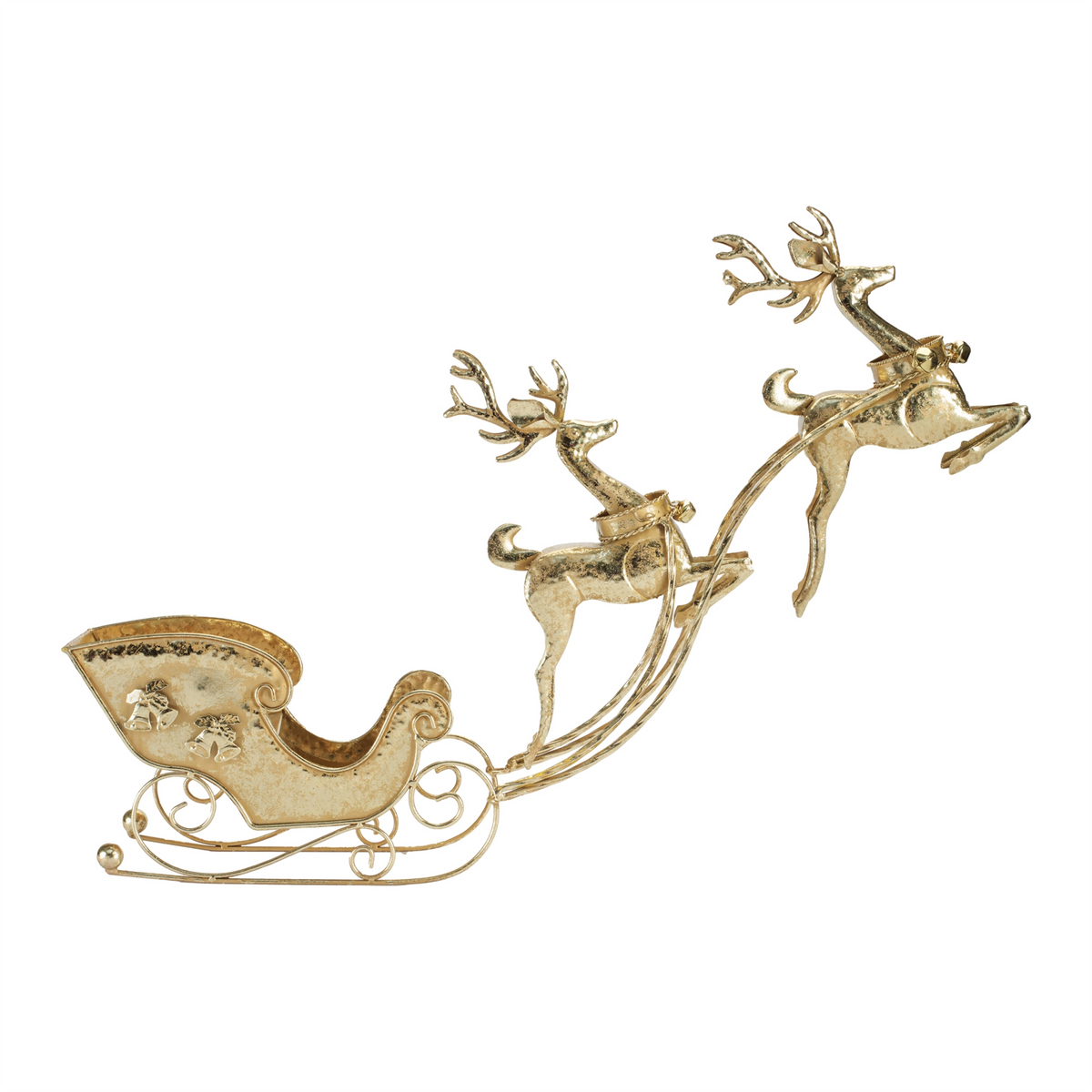 Gold-finished iron reindeer pulling a sleigh, festive holiday tabletop decoration.