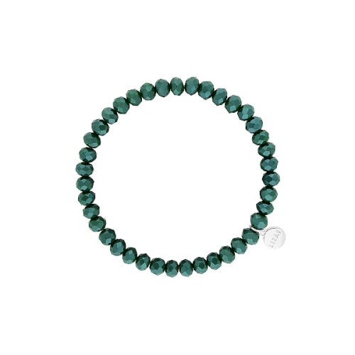 Stretchy beaded bracelet with faceted glass beads in a colorful pattern.
