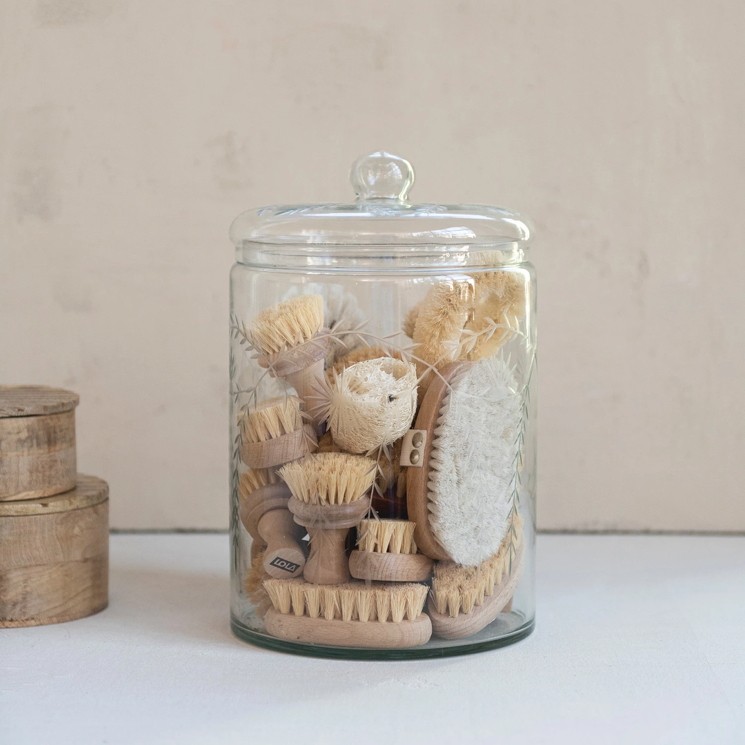 7.25 Quart Hand-Blown Glass Jar with Etched Botanicals & Lid