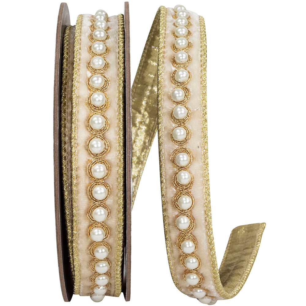 One inch wide pearl edging ribbon with metallic backing in plush velvet texture.