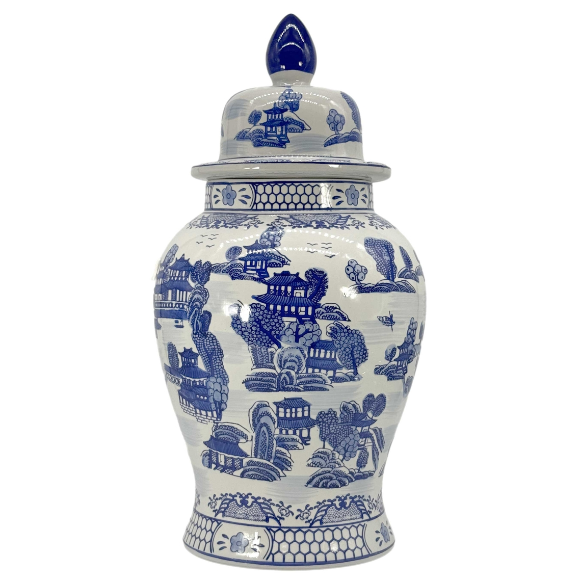 25-inch blue and white chinoiserie ceramic ginger jar with lid featuring a landscape pattern.