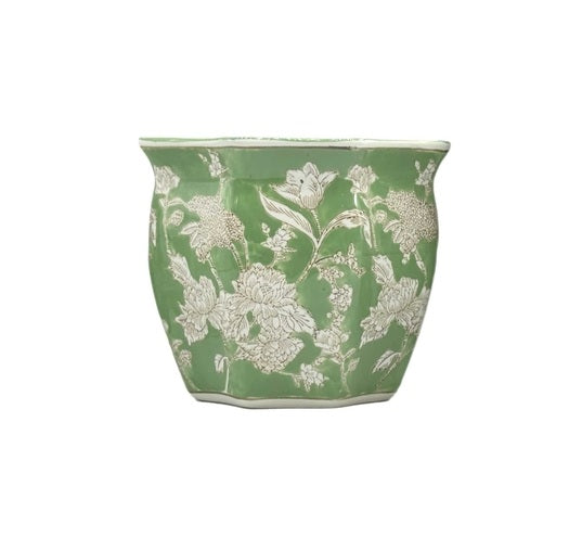 Ceramic Chinoiserie Planter Pot Green & White - Sold Individually