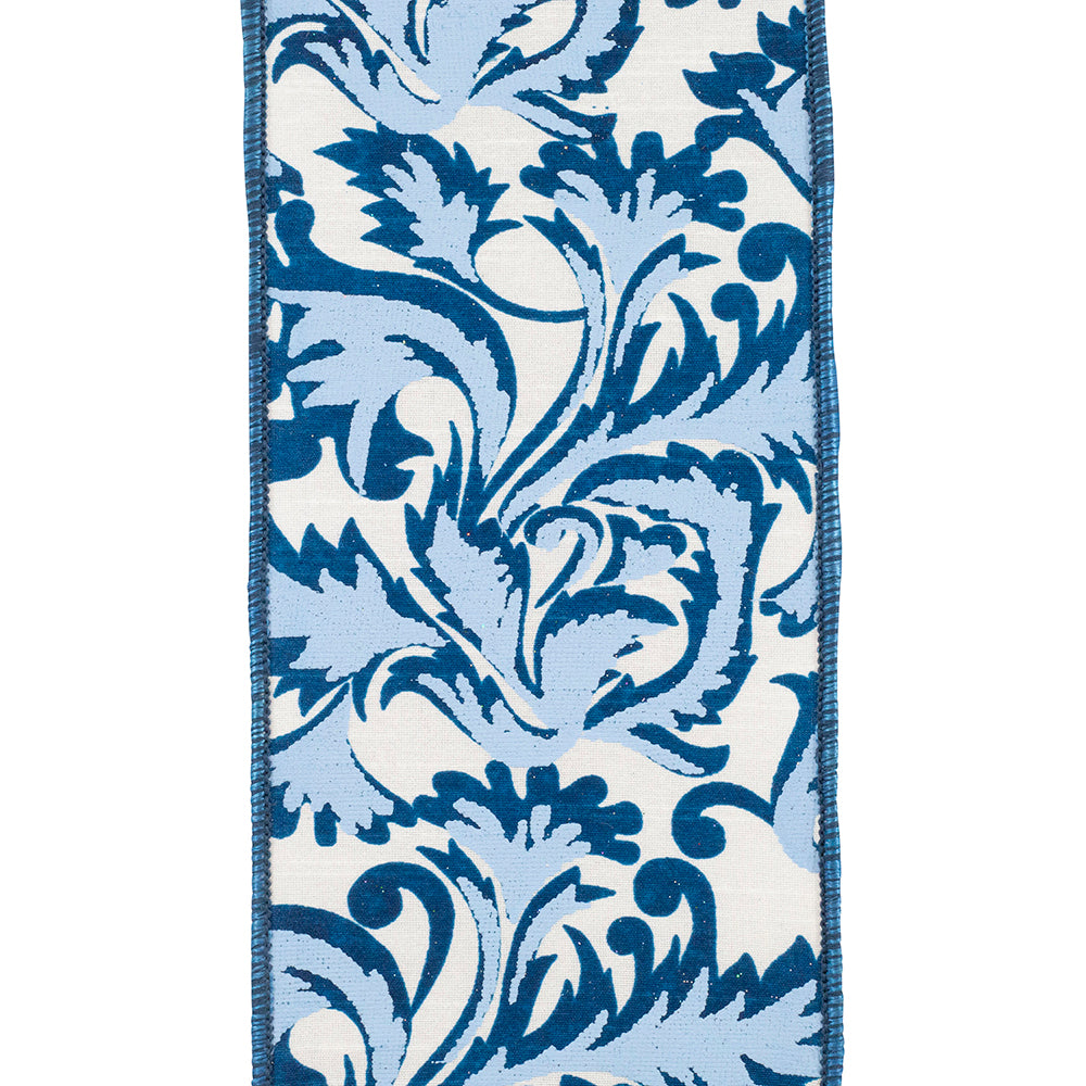 Blue wired-edge scroll ribbon with a leaf motif