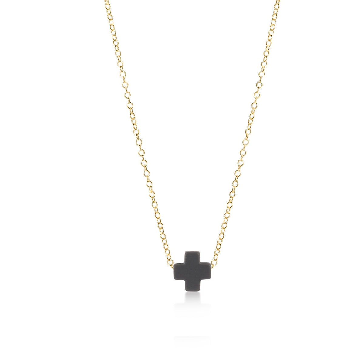 A gold-filled signature cross pendant on a 16-inch chain necklace.