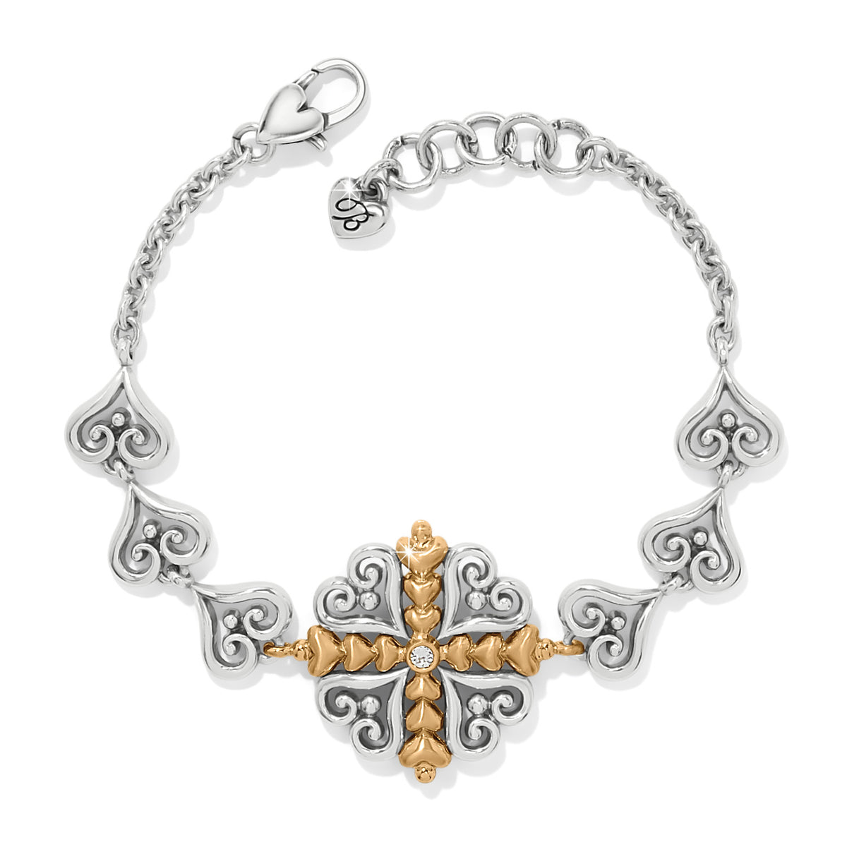 Two-tone silver-gold adjustable bracelet featuring a heart-shaped crystal pendant with lobster claw closure.