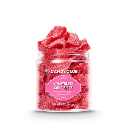 Packaged Sour Belts candies featuring tart cherry-flavored ribbons in a square box.