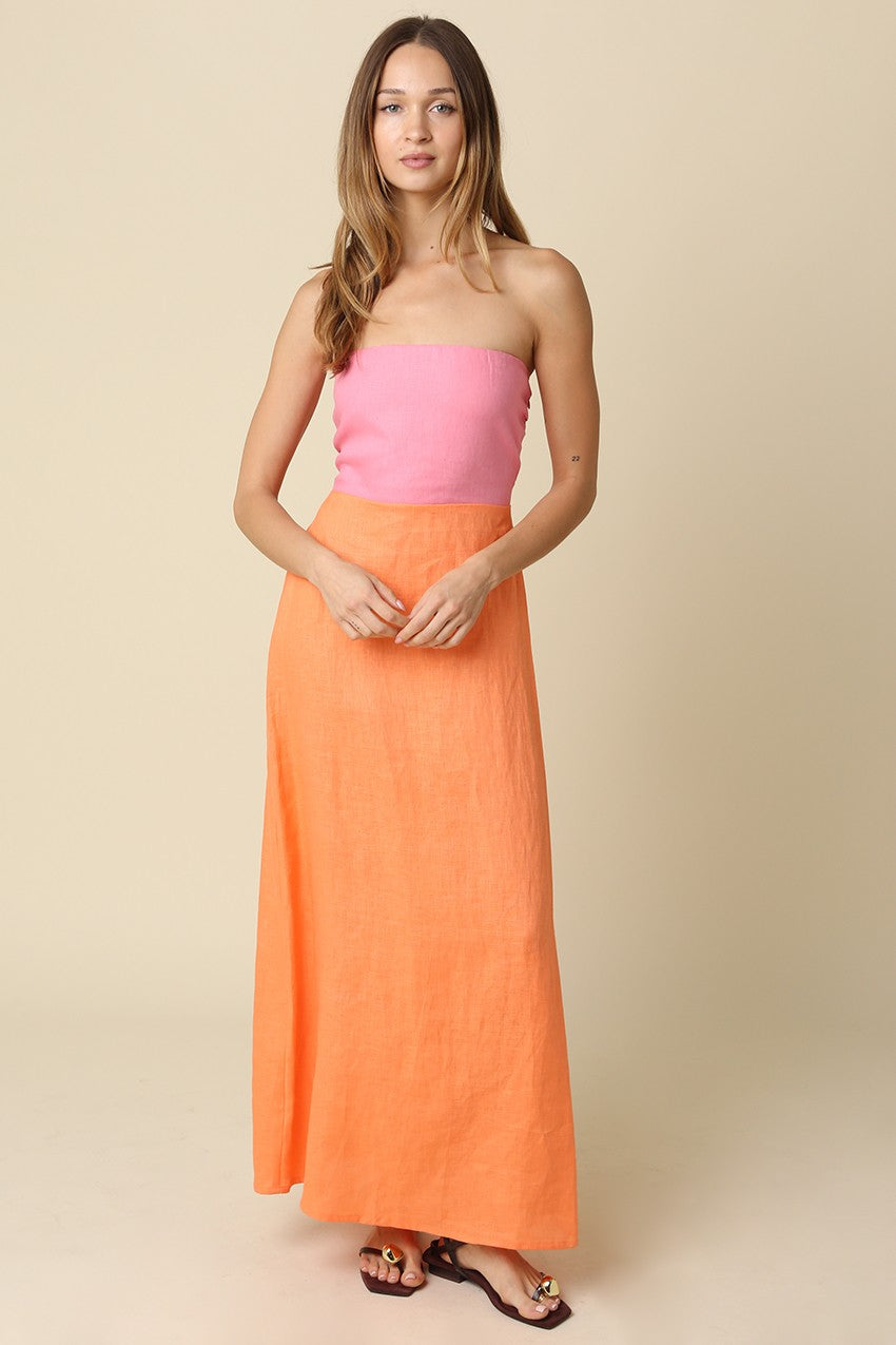 Mei Contrast Strapless Linen Maxi Dress