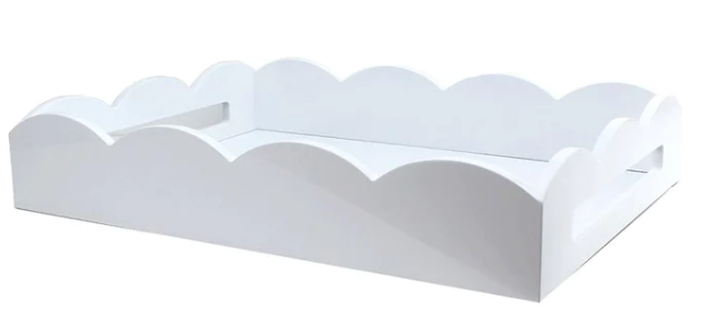 White medium lacquered serving tray with a decorative scalloped edge and side handles.