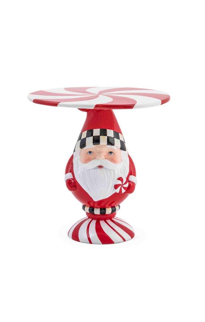 Ceramic Peppermint Santa Pedestal Platter with red and white swirls and checkered accents.