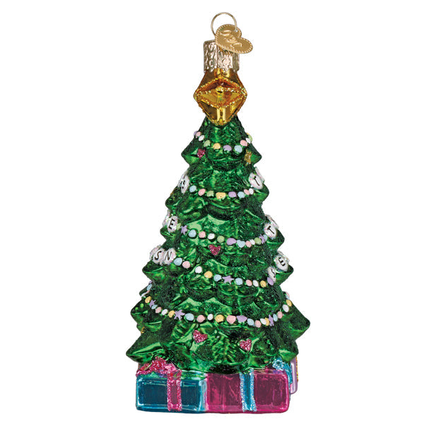 Small Friendship Tree ornament made of strung bracelets with a natural wood finish.