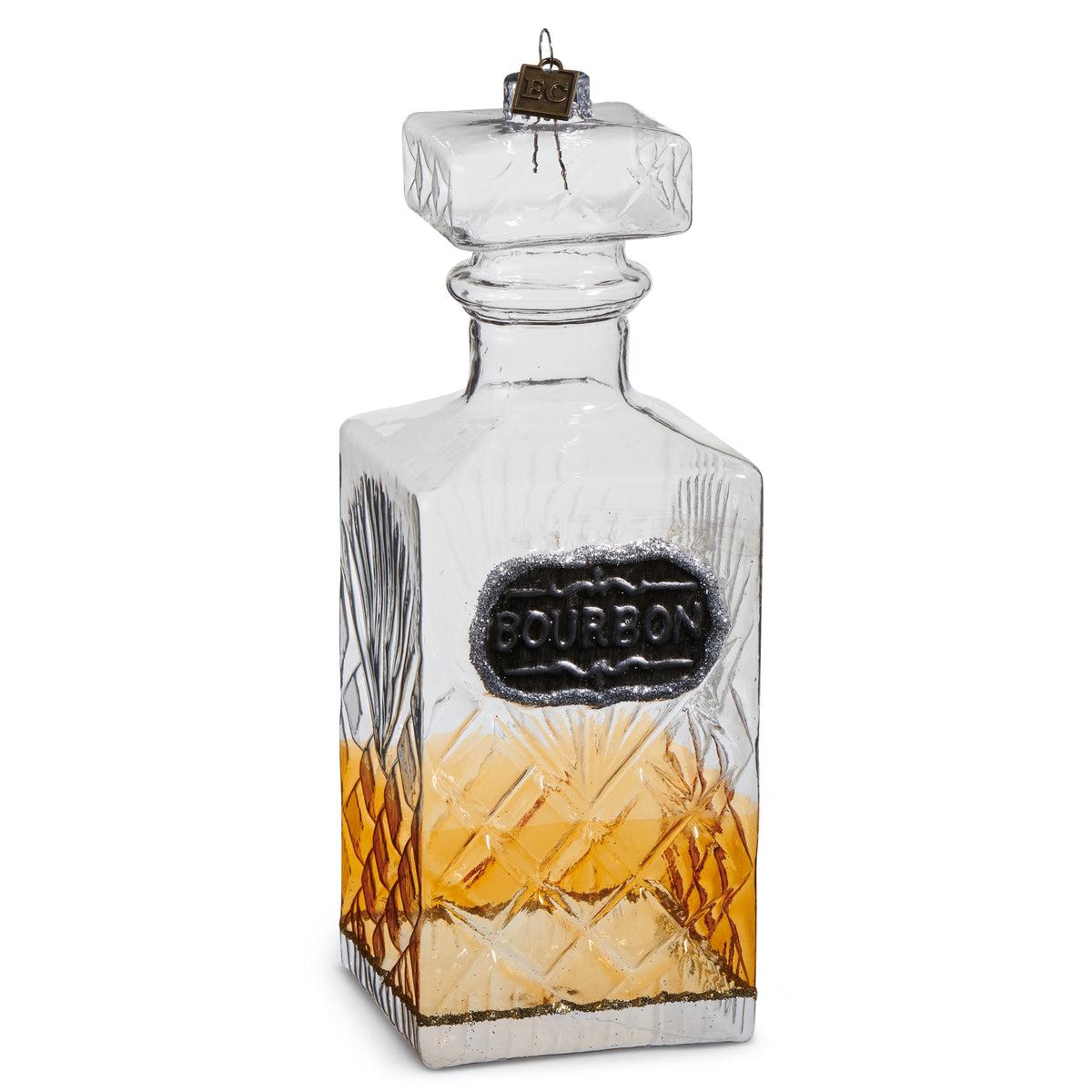Glass bourbon decanter Christmas ornament with amber liquid detail and silver glitter label.