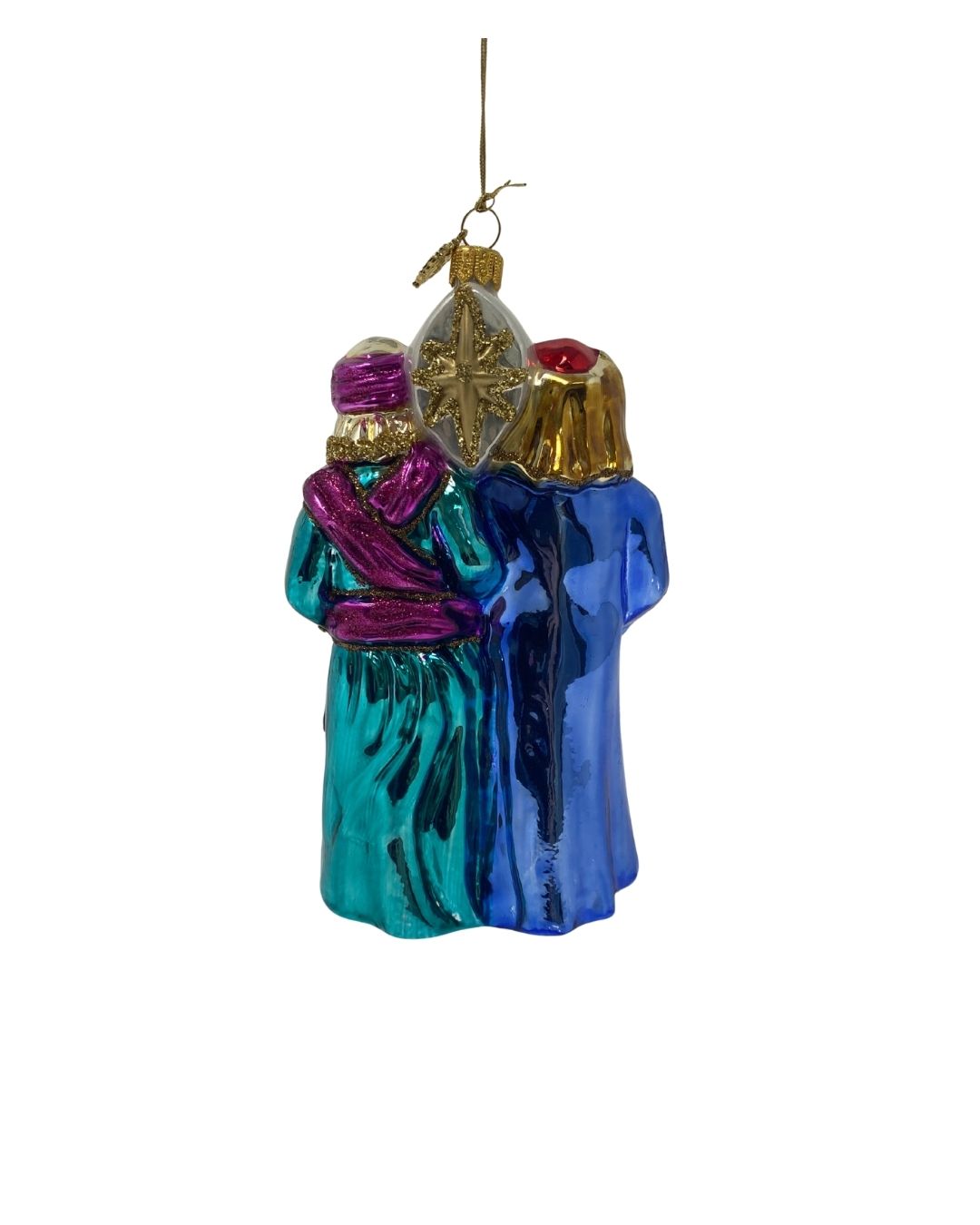 Back view of a jewel-colored glass ornament depicting the Three Wisemen with glitter details.