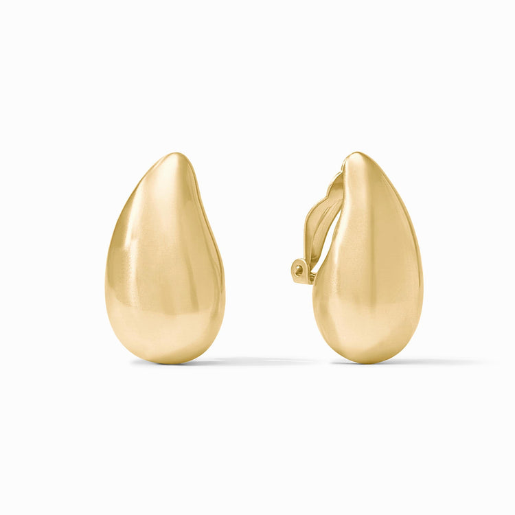Pair of Wave Clip earrings in 24K gold plate with a smooth, teardrop-shaped liquid gold design.