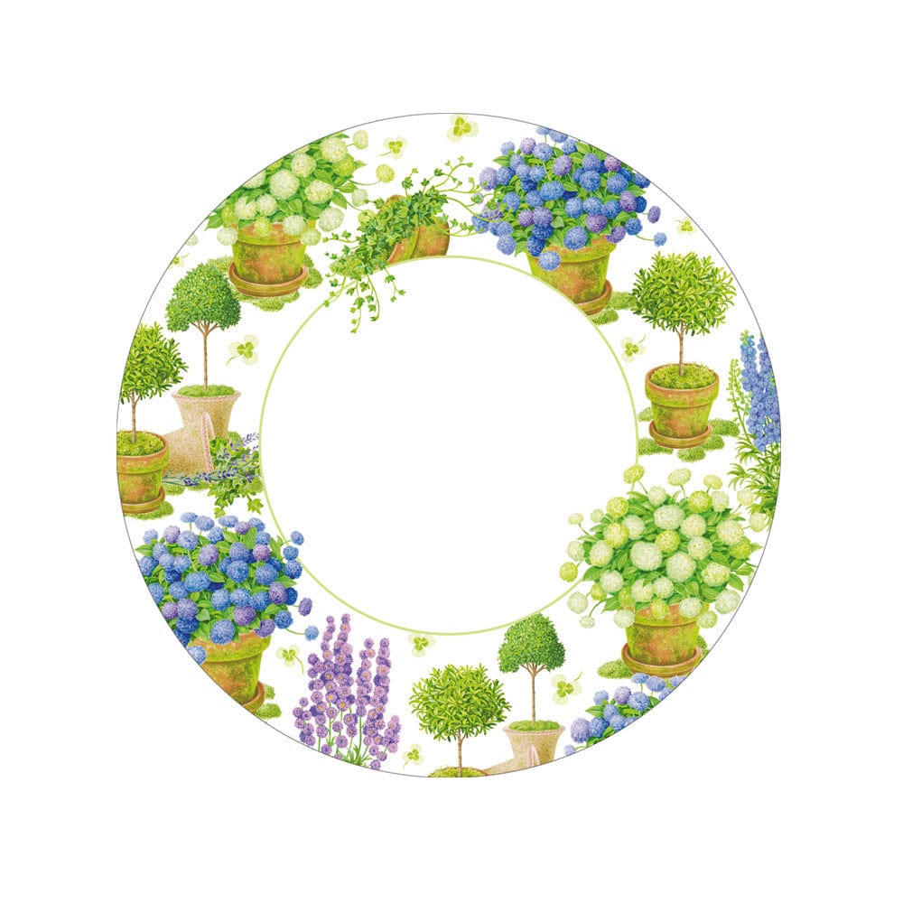 Pack of eight square paper dessert plates featuring a potted hydrangea floral pattern printed in water-based dyes.