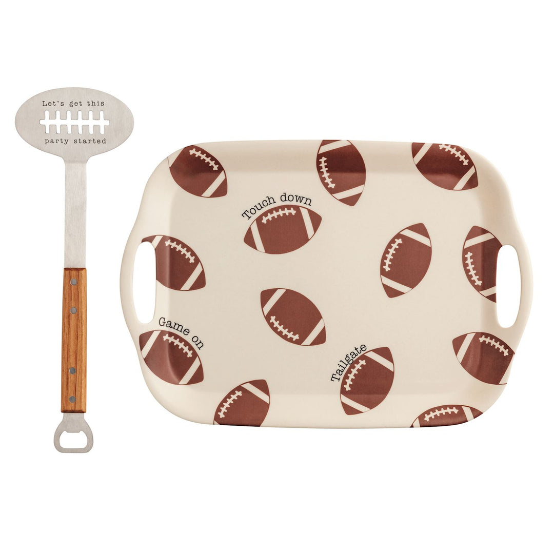 Football Tray & Spatula Set featuring a melamine tray with football patterns and a wooden spatula.