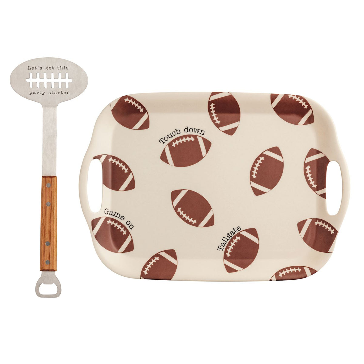 Football Tray & Spatula Set featuring a melamine tray with football patterns and a wooden spatula.