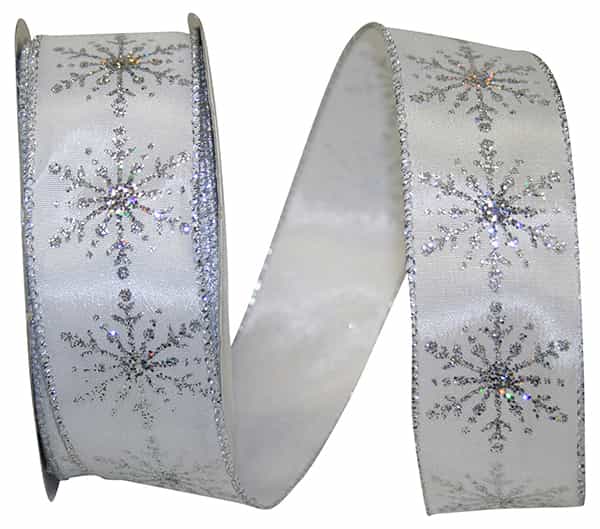 White snowflake stream wired edge ribbon with silver accents