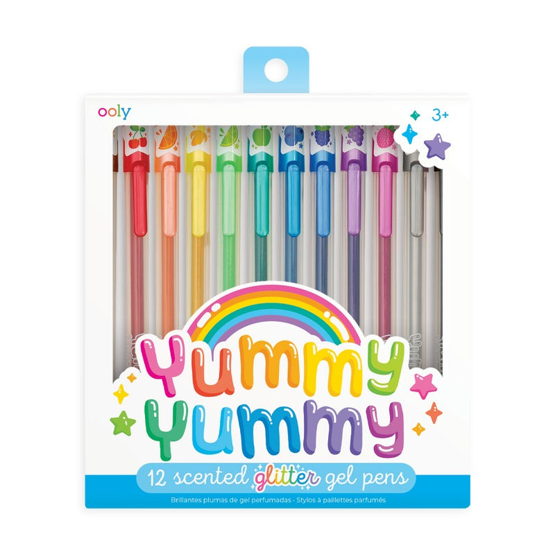 Twelve Yummy Yummy scented glitter gel pens with acid-free ink in various colors.