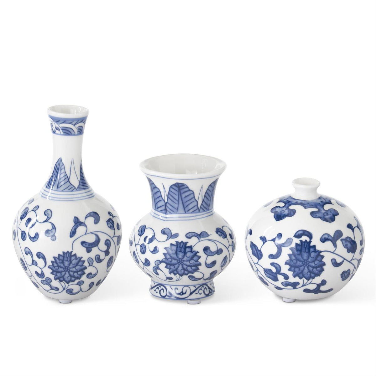 Blue and white ceramic mini bud vase with chinoiserie floral patterns.