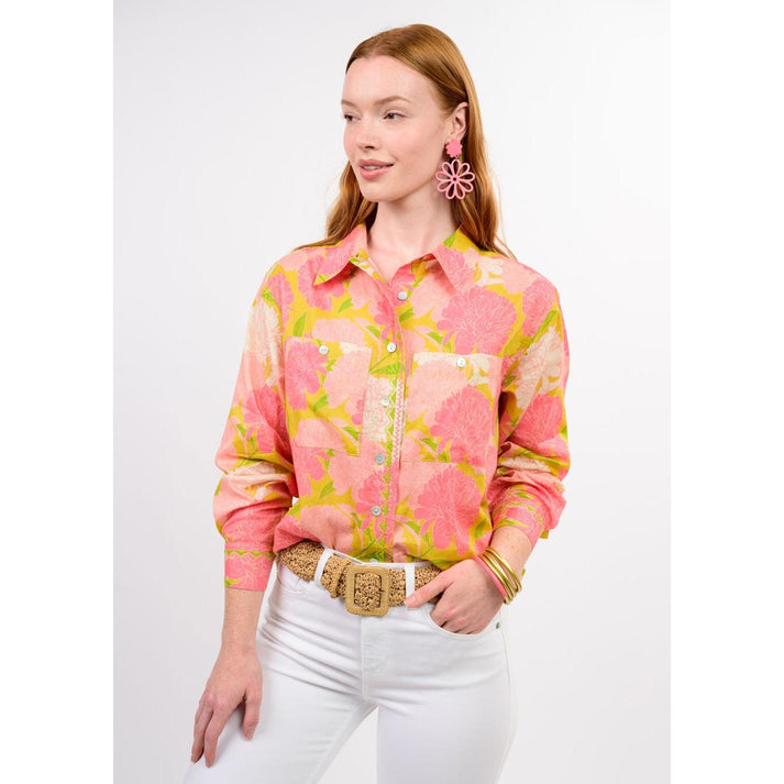 Women's button-down shirt with pointed collar in vibrant floral print