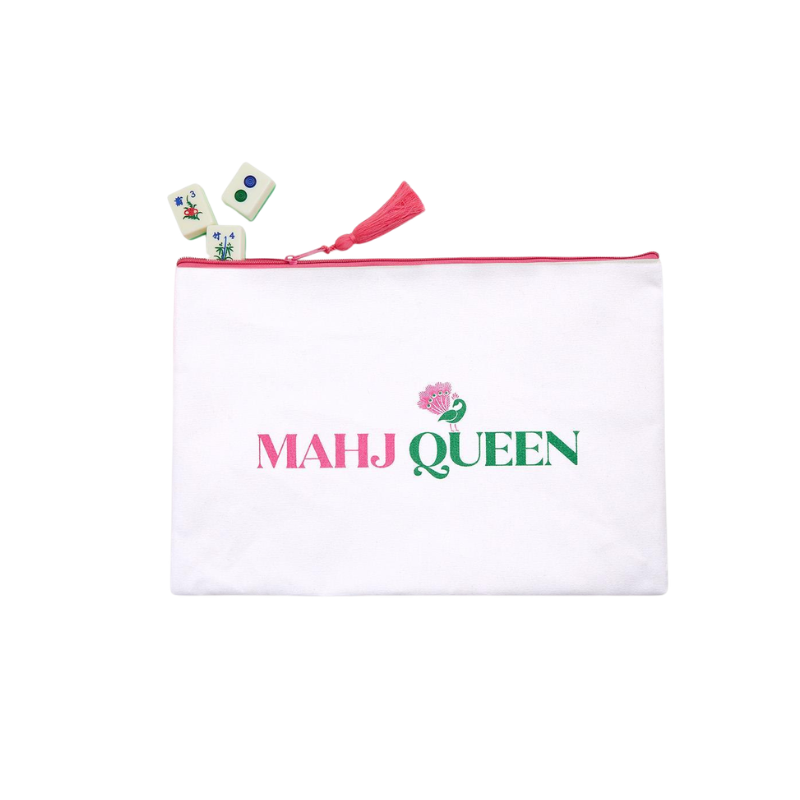 White multipurpose pouch with pink tassel and 'MAHJ QUEEN' logo, featuring mahjong tiles.