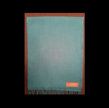 Teal cashmere scarf with fringe and orange tag.