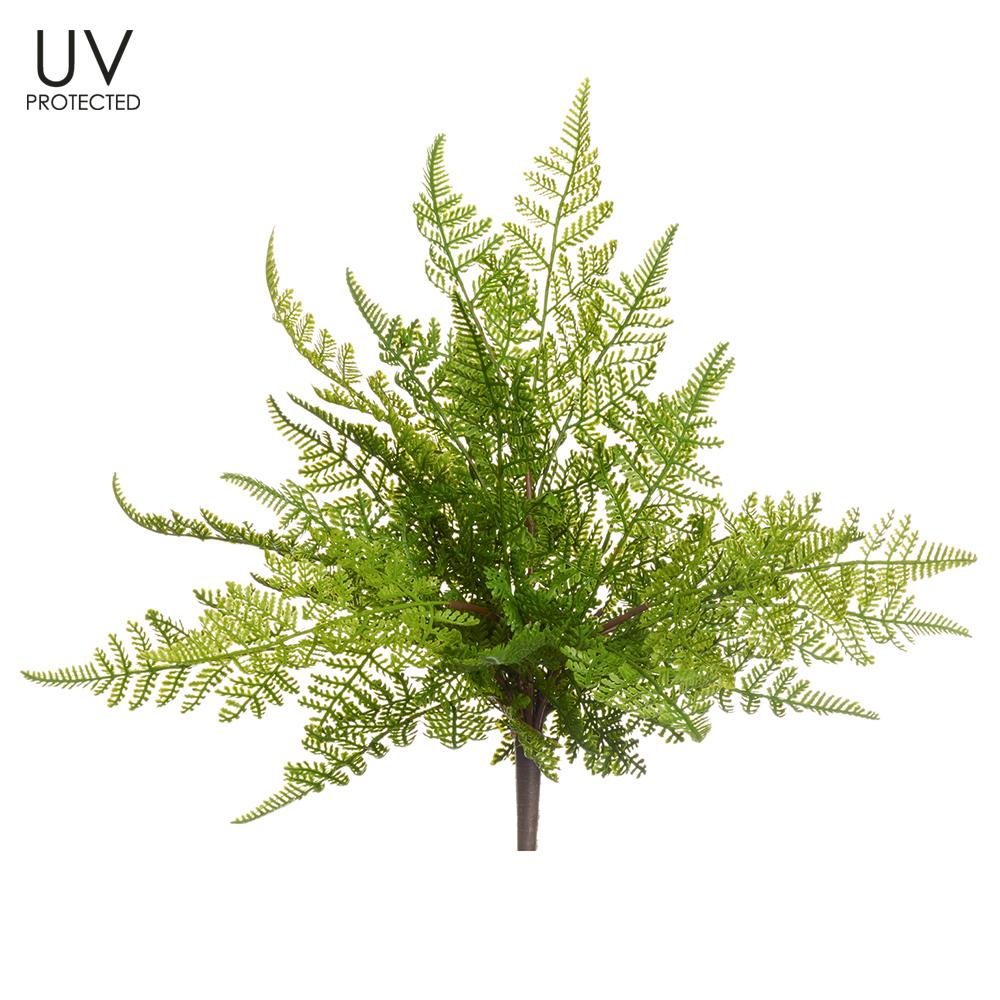 Artificial lace fern bush in green plastic with metal wire frame