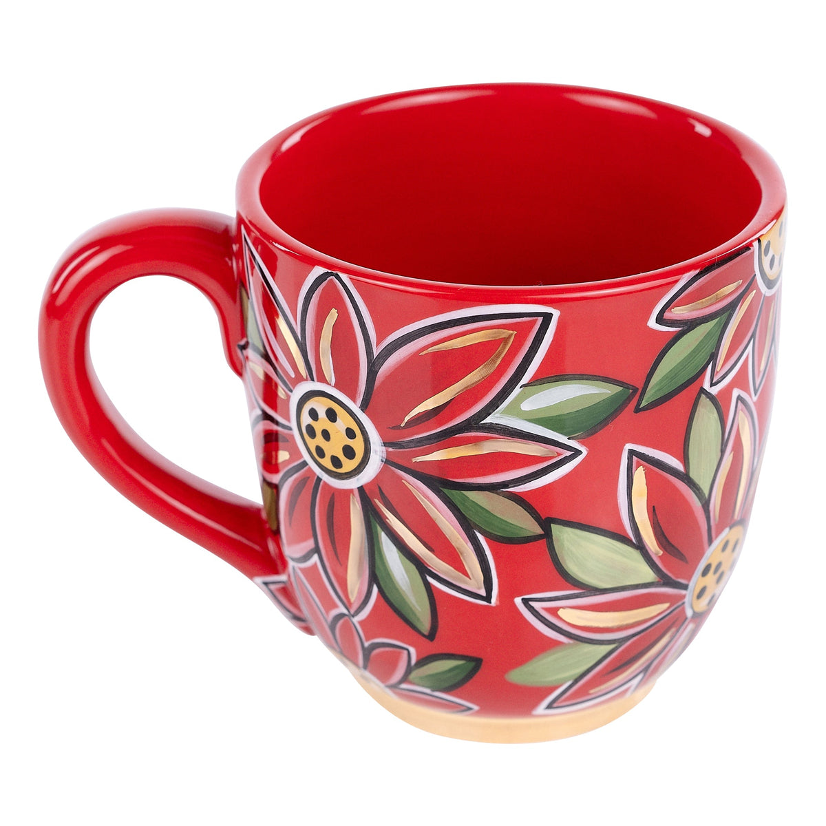 Hand-painted 16 oz red ceramic mug featuring a festive poinsettia floral design with green leaves.